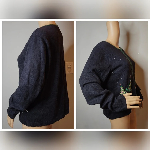 Talbots Christmas Tree Embellished Embroidered Knit Sweater Cardigan Size LP VTG - Picture 8 of 16